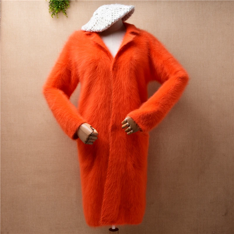 female women fashion autumn winter clothing orange mink cashmere knitted suit collar long sleeve slim cardigan long sweater coat