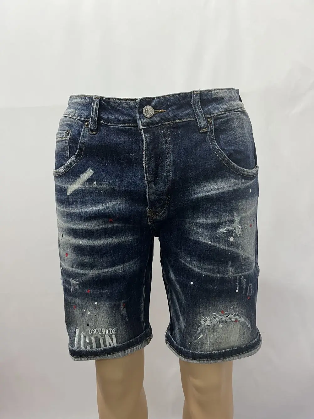 

2023 New Fashion Brand Men's Washing Wear Holes And Paint Motorcycle Denim Shorts 9136