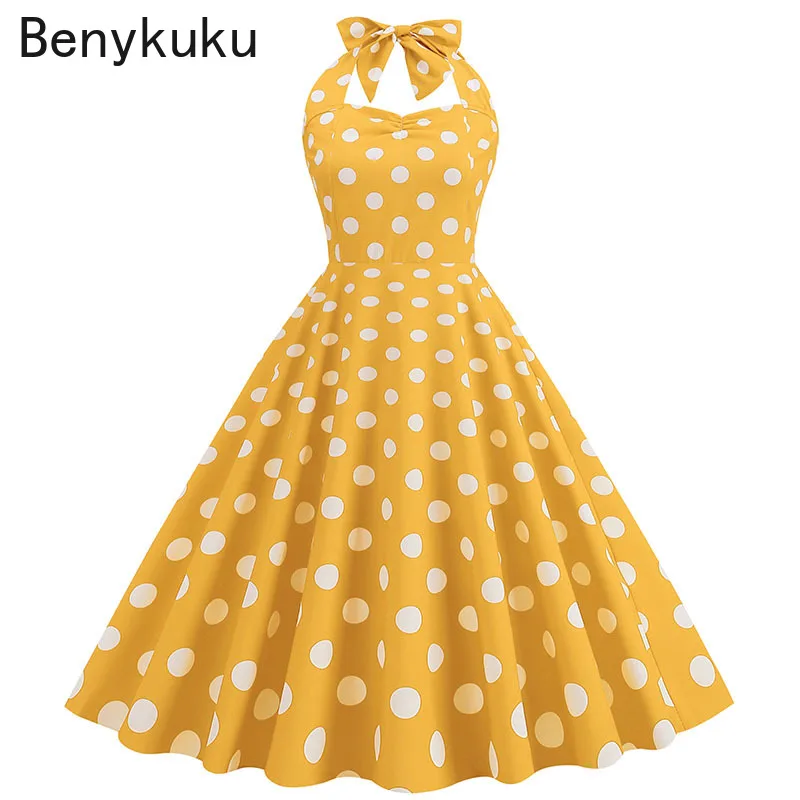 Sexy Retro Yellow Polka Dot Halter Dress Audrey Hepburn 50s 60s Vintage Dress Gothic Pin Up Rockabilly Dress Womens Clothing
