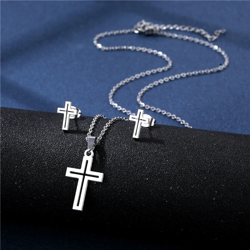 

Trendy Stainless Steel Hollow Cross Stud Earrings Set Couple Men Women Party Jewelry Necklace Pendientes Collier Femme