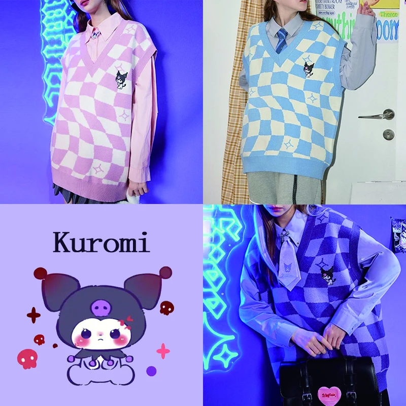 

Kawaii Sanrioed Anime Cartoon Kuromi Series Chessboard Grid Embroidery Crochet Waistcoat Vest Tops Baby Boy Girl Festival Gift