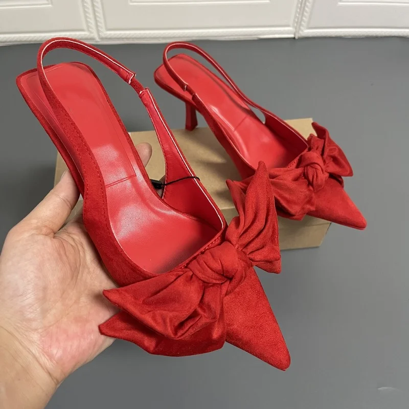 

High Heels Mules Shoes for Women 2022 New Black Toe Cap Suede Big Bow Elegant Pointed Stiletto Trendy Design Ladies Sandals