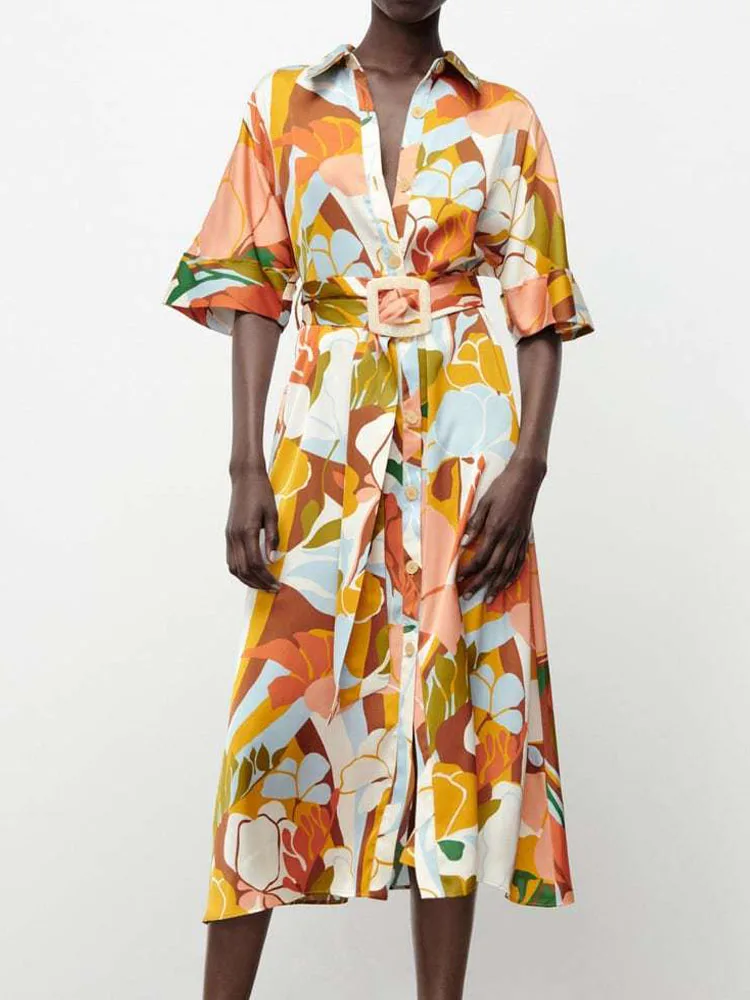 

Kumsvag 2022 Summer Women Shirts Dress Vintage Floral Print Short Sleeve Belt Female Fashion Street Mid-Calf Dresses Clothing