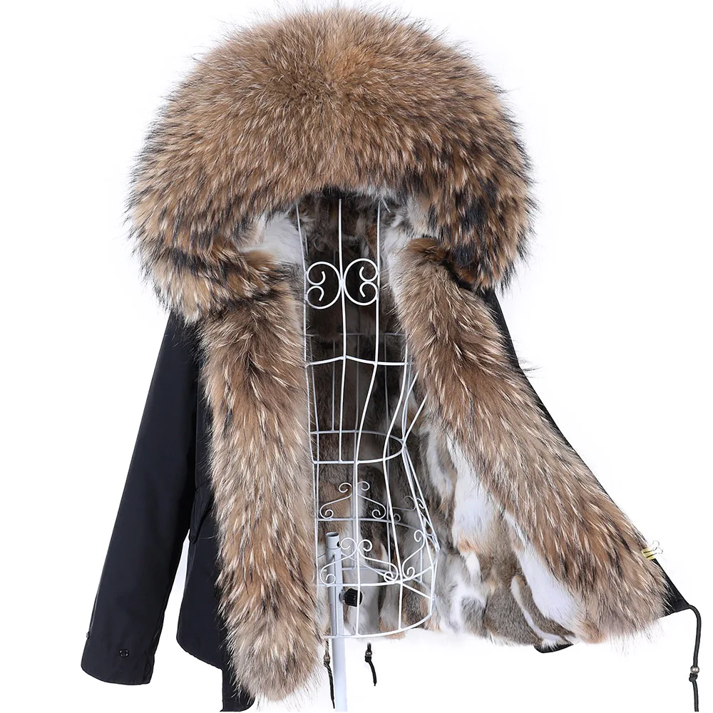 New Real Genuine Natural Rabbit Fur Coat With Hood Women's Fashion Fur Jacket Outwear Female clothing Rabbit Fur Lined Parka