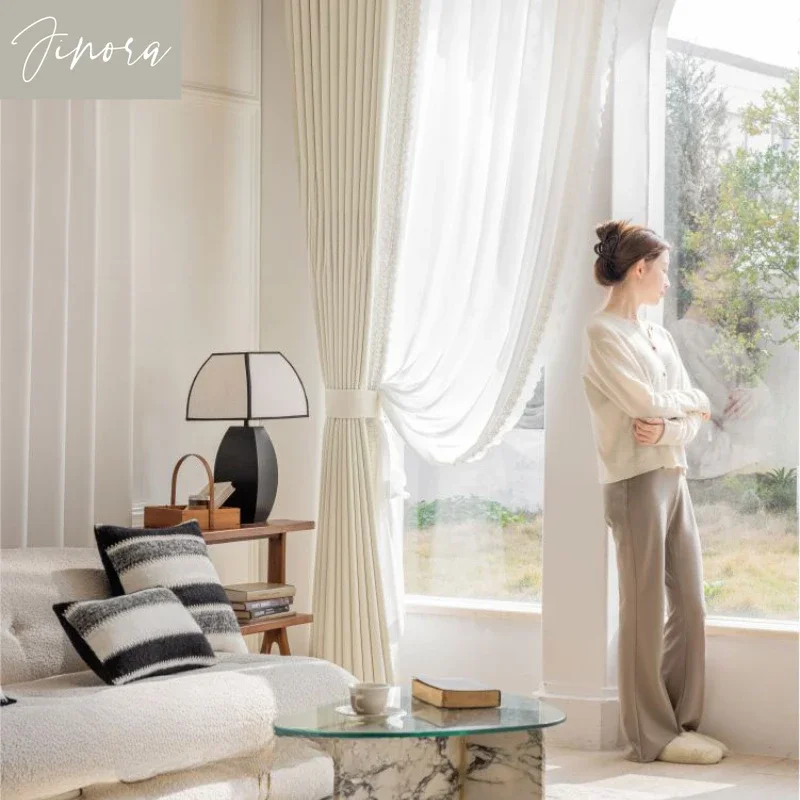 French cream style curtains for bedroom and living room high-end white cloud velvet thick chenille blackout customized
