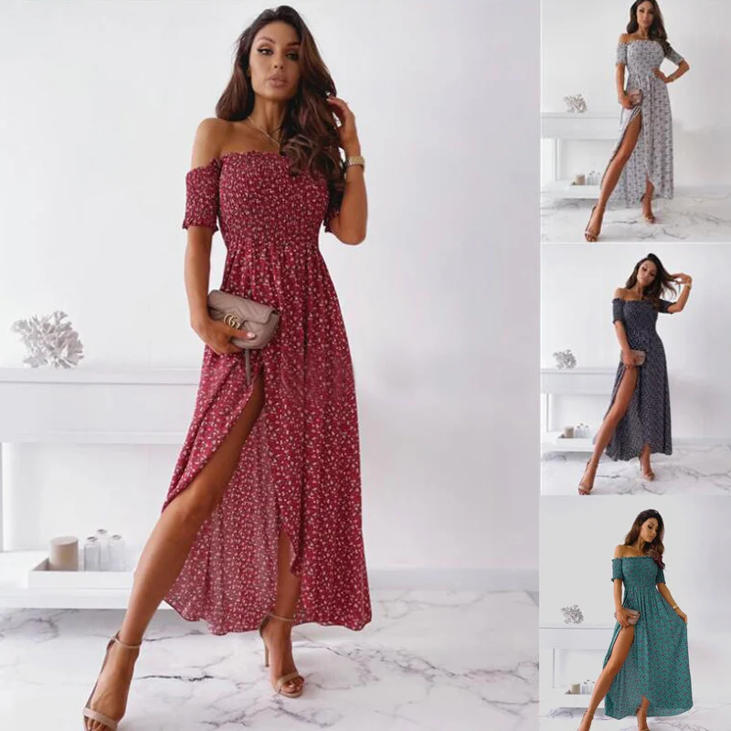 

Women's Dresses Sexy V-neck Casual Irregular Slash Neck Slit High-waisted Short-sleeved Printed Dress Summer New