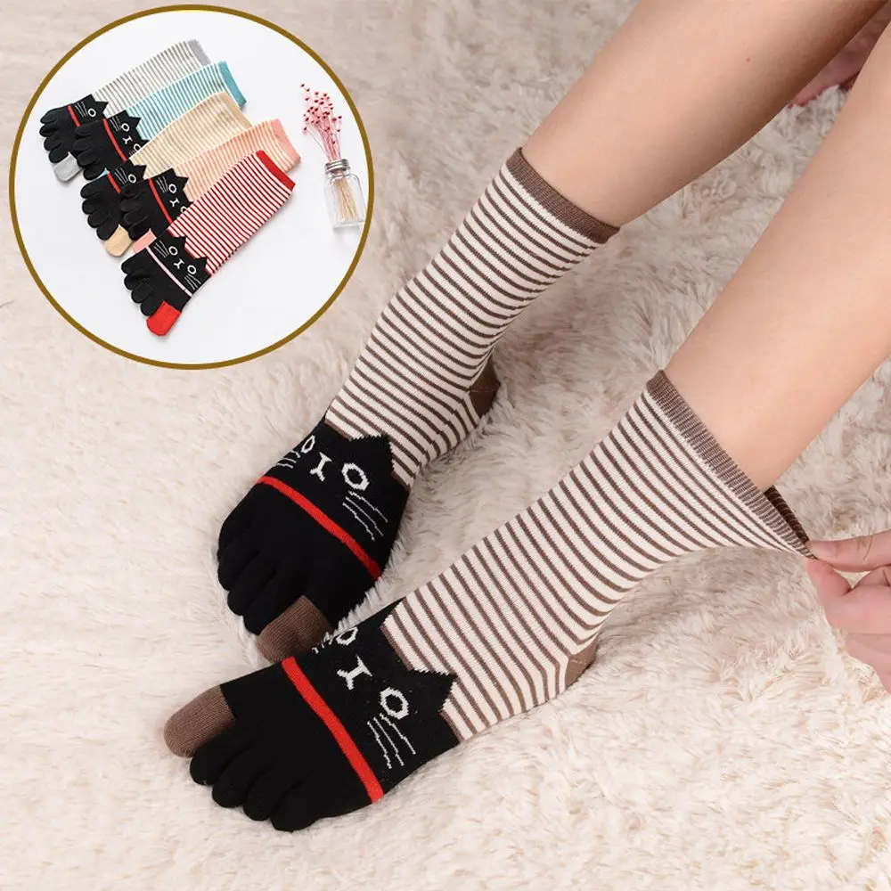 

Colorful five-toed socks Cute 3D Animal Cat Cotton Stripe Funny Toe Socks Girl's Autumn Winter Warm Ankle Middle Tube Cute Socks