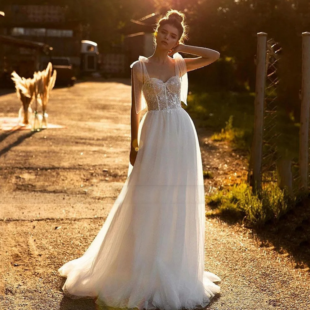 

Boho Wedding Gowns 2022 Tulle Sexy Sweetheart Backless A-Line Wedding Dresses Lace Sequined Vintage Bow Strap Bridal Gown платье