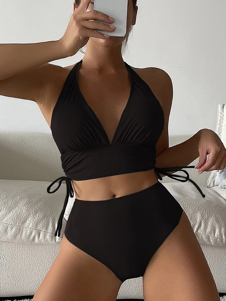 

Solid Color Rib High Waist Bikini Drawstring Side Push Up Tank Top Bathing Suit Halter V Neck Women's Swimsuit 2022 Swimwear