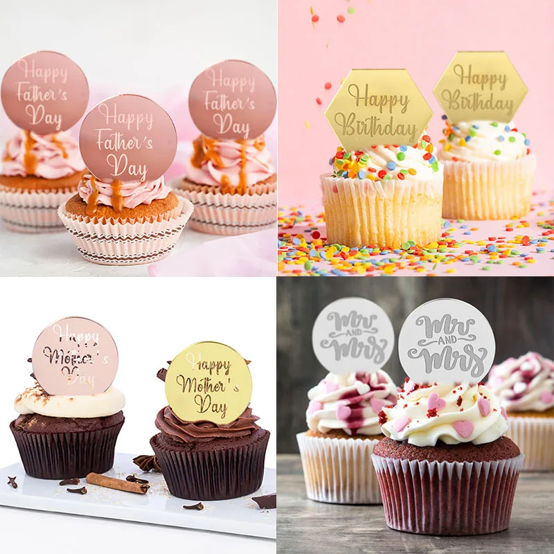 

10p Happy Birthday Acrylic Cupcake Topper Gold Mr&Mrs Wedding Cake Topper Happy Mother's Father's Day Party Cake DIY Decorations