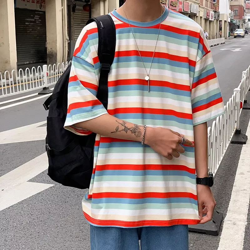 

NEW IN 2022 hot striped short sleeves t shirt men All-match Fashion Summer streetwear Hit color Hip Hop casual funny new top