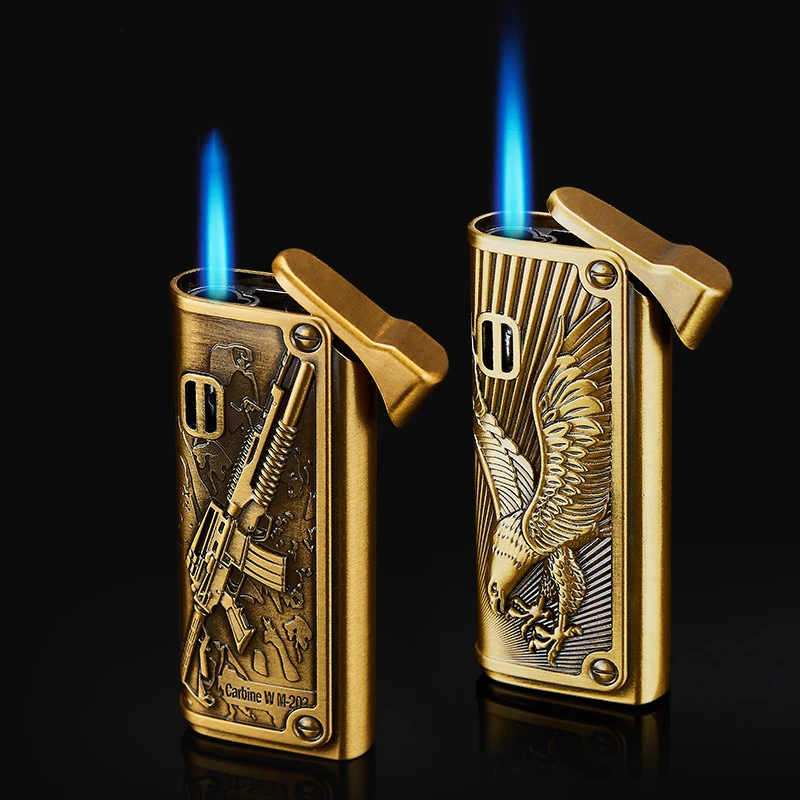 

Metal Emboss Eagle Rifle Cigarette Lighter Inflatable Windproof Blue Flame Gas Butane Tobacco Smoking Accessories Gifts for Men