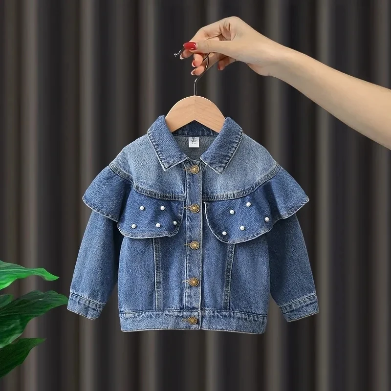 

2-7Y Girls Denim Jacket Spring and Autumn 2023 New Children's Korean Jeans Pearl Top Girls Baby Fashion Coat