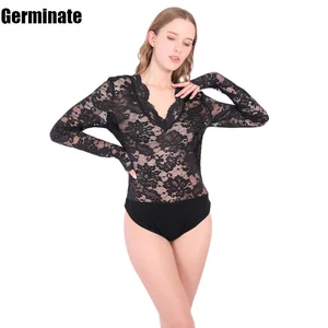 Женское кружевное боди с V-образным вырезом и длинным рукавом