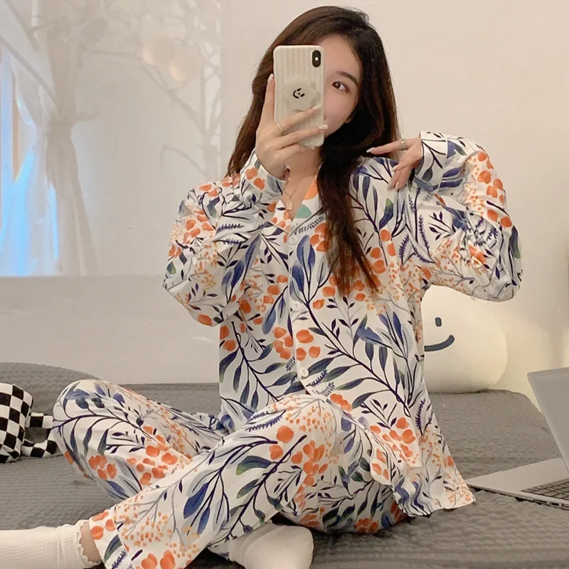 CAIYIER 2022 Women Pajamas Set Leopard Grain Long Sleeved Sleepwear Girls Soft Winter Leisure Nightwear Sweet Night Home Suit