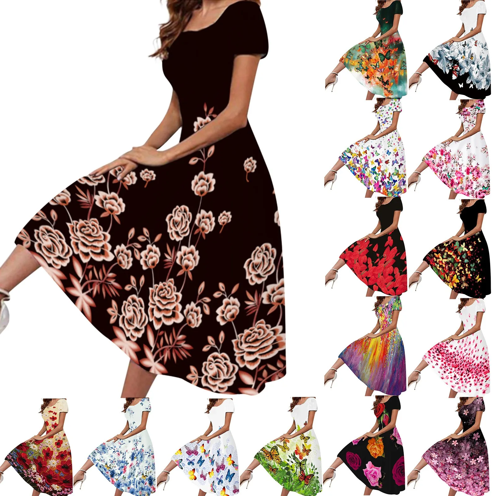 

Spring Black Dress Summer Beach Casual Elegant Midi Dresses Woman Square Neck Flower Print Sexy Women's Dress