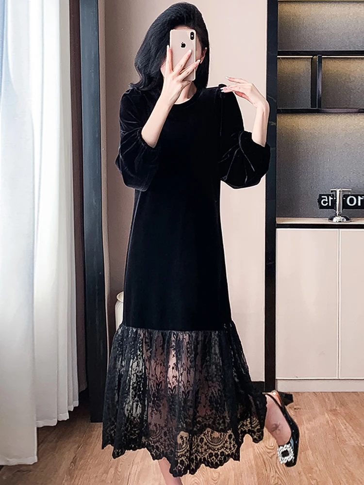 Женское длинное платье NYFS свободное в Корейском стиле с кружевным подолом осень