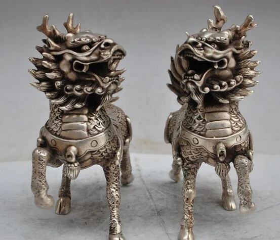 

decoration bronze factory outlets Tibet Silve china Feng shui Lucky Silver evil spirit Kirin Unicorn Kylin beast statue pair