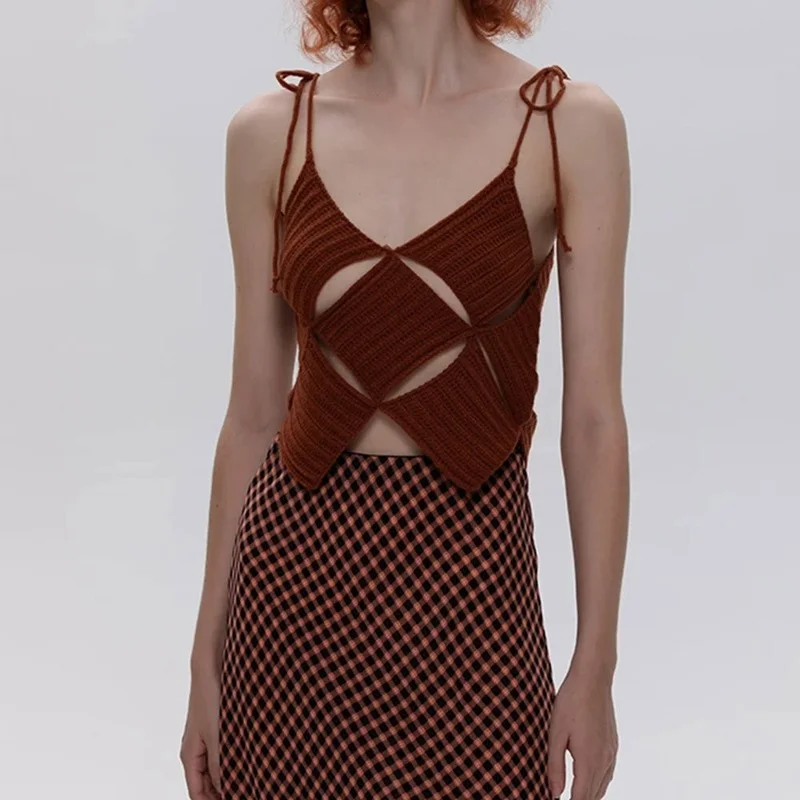 

Clothes for New Year 2022 Knitted Vest Women's Summer New Fashion Hollow Diamond Suspender Top Female Clothing Vestido Feminino