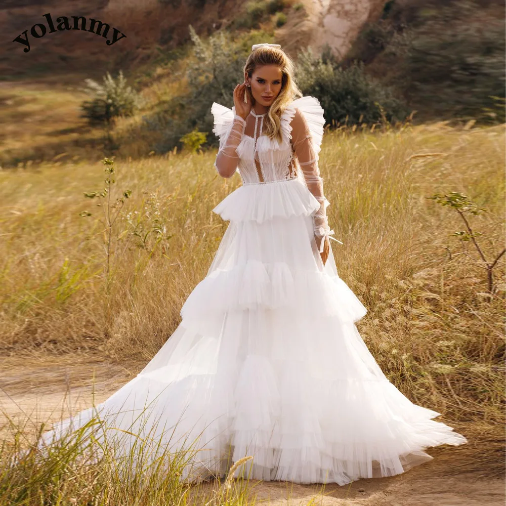 

YOLANMY Exquisite Tiered Wedding Dresses O Neck Pleat Appliques Vestido De Casamento Customised Drop Shipping Plus