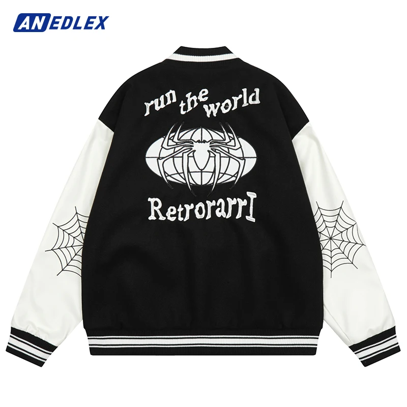 Men Hip Hop Jacket Coat Letter Spider Web Embroidery Bomber Jacket Winter Fashion Gothic Jacket Streetwear Men Baseball Coat