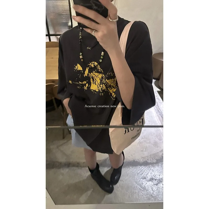 

Medieval Market Retro Washed Old Oversize Loose Lazy Print Large T-shirt Women's Summer