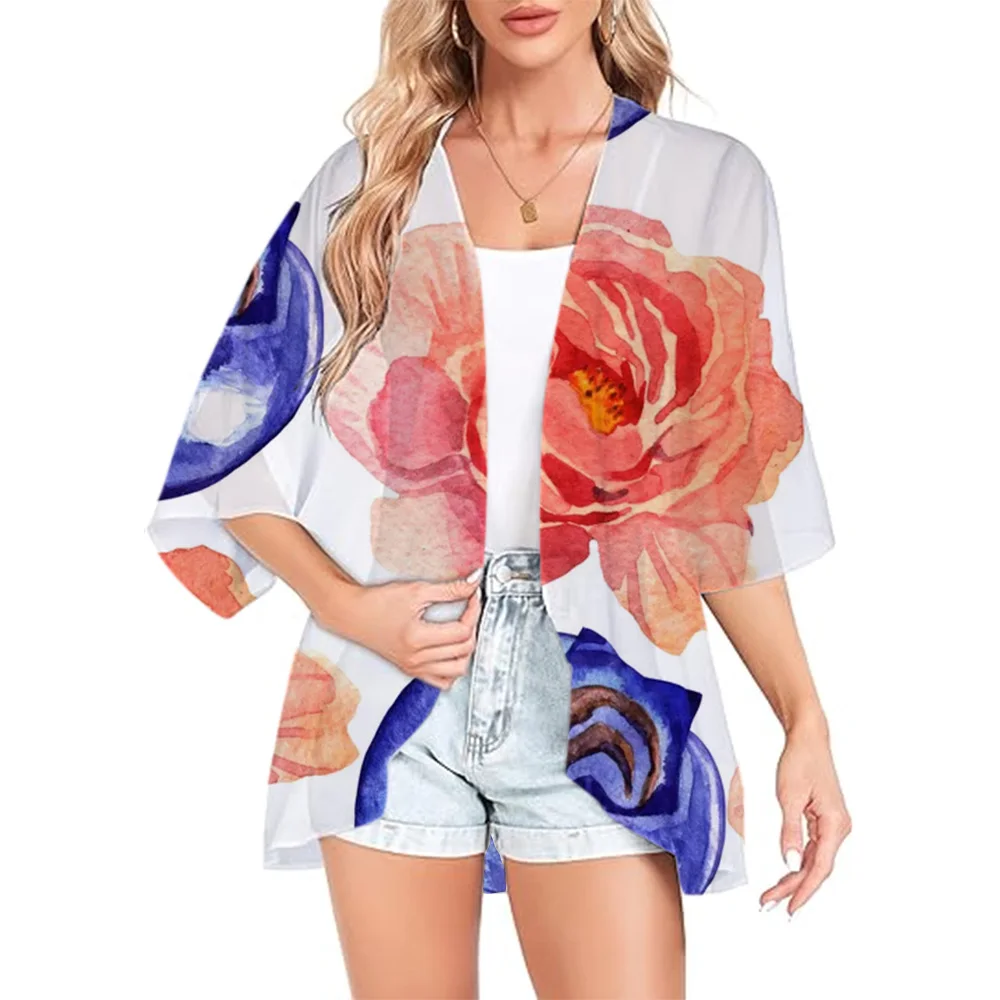 Женское летнее короткое кимоно с акварельной розой и 3D принтом кардиган в стиле