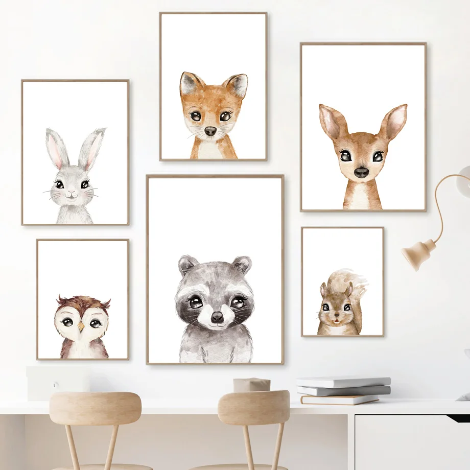 

Woodland Animal Forest Rabbit Deer Fox Raccoon Nursery Wall Art Print Canvas Painting Poster Wall Pictures Baby Kids Room Decor