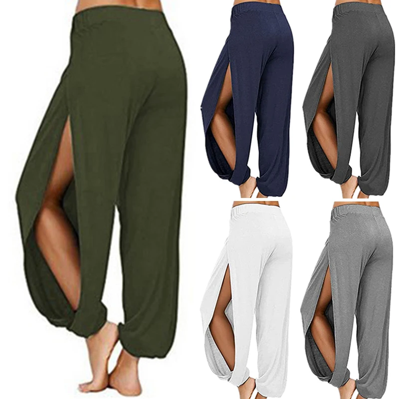 Women's Side Open Yoga Pants Wide Leg High Slit Sports Pants Summer Leisure Fashion Breathable Plus Size Pantalones De Mujer