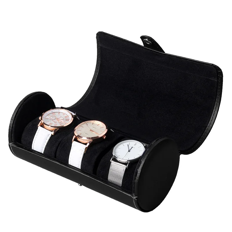 

New PU Leather Watch Box Watch Holder Box For Watches Men Cylindrical Button Watch Jewelry Organizer Box 3 Grids Home Shop