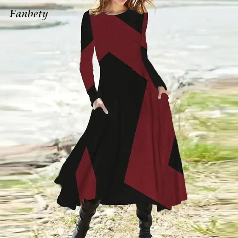 

Женское асимметричное длинное платье, повседневное элегантное платье макси с длинным рукавом, круглым вырезом и карманами, с модным цветны...