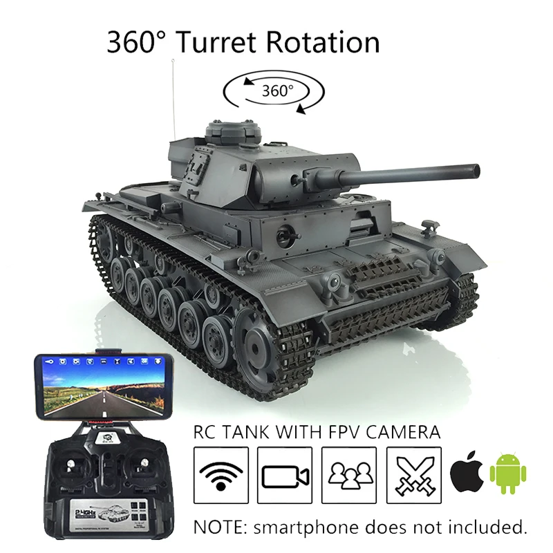 

Henglong 1/16 Gray 7.0 Upgraded Ver FPV Panzer III L RTR RC Tank 3848 360 Turret Engine Sound Body Recoil TH17360-SMT7