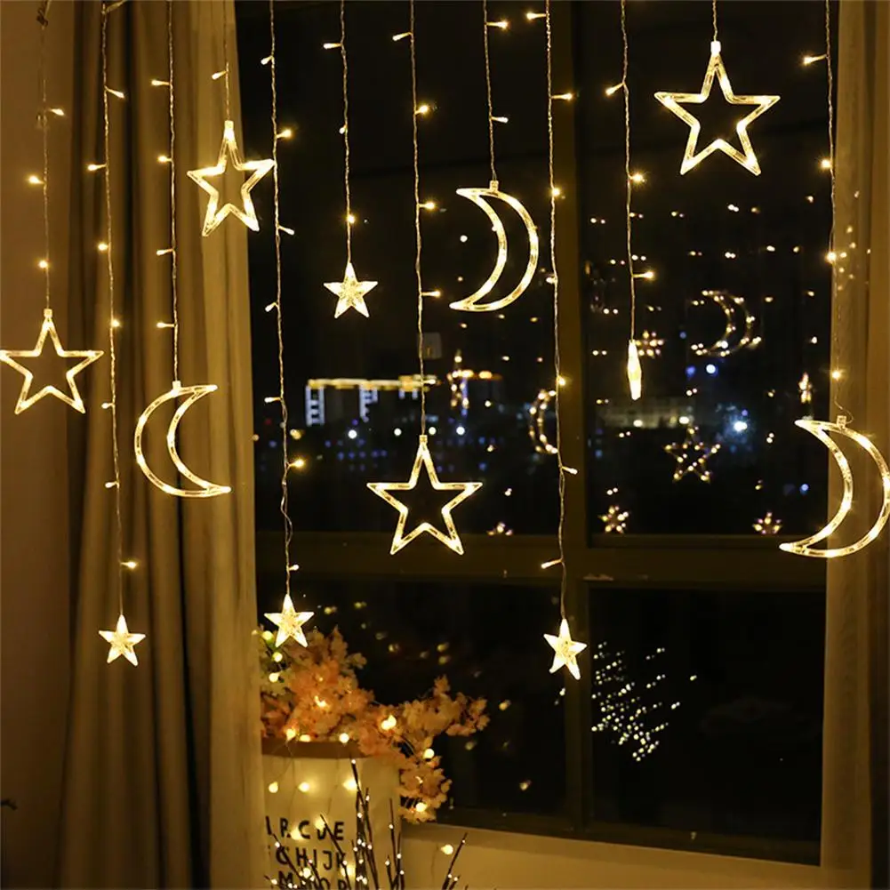 

3.5m Star Moon Curtain Light Battery Powered Led Waterproof Decorative Light String For Indoor Outdoor Bedroom Kitchens Terraces