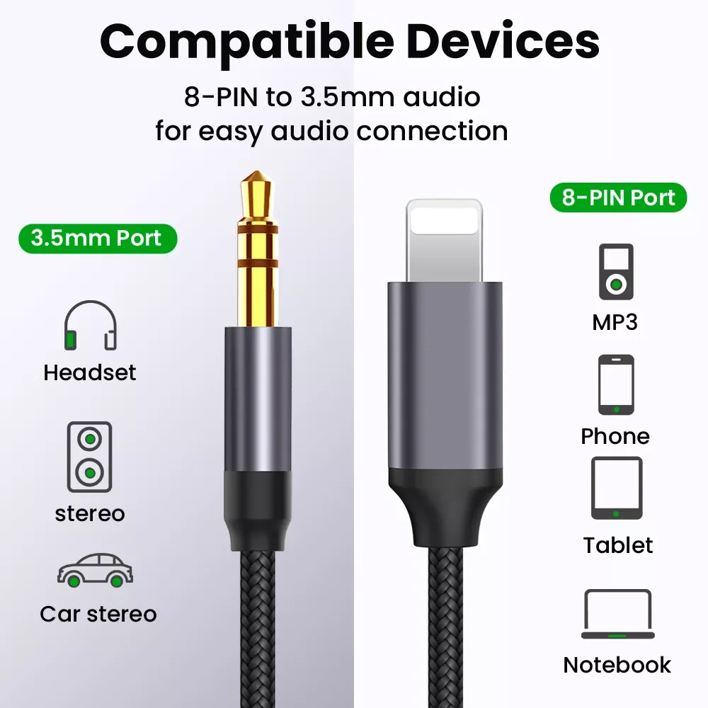 

2022For iPhone 13/12/11 8 Pin To 3.5mm Jack Cable Lighting To AUX Headphone Adapter Audio Extension Kable Connector Splitter