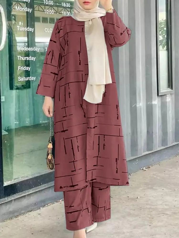 Kaftan Printed Suits Women Matching Sets 2023 Casual Muslim Sets Long Sleeve Blouses Pants Turkey Abayas Top Blusas 2PCS