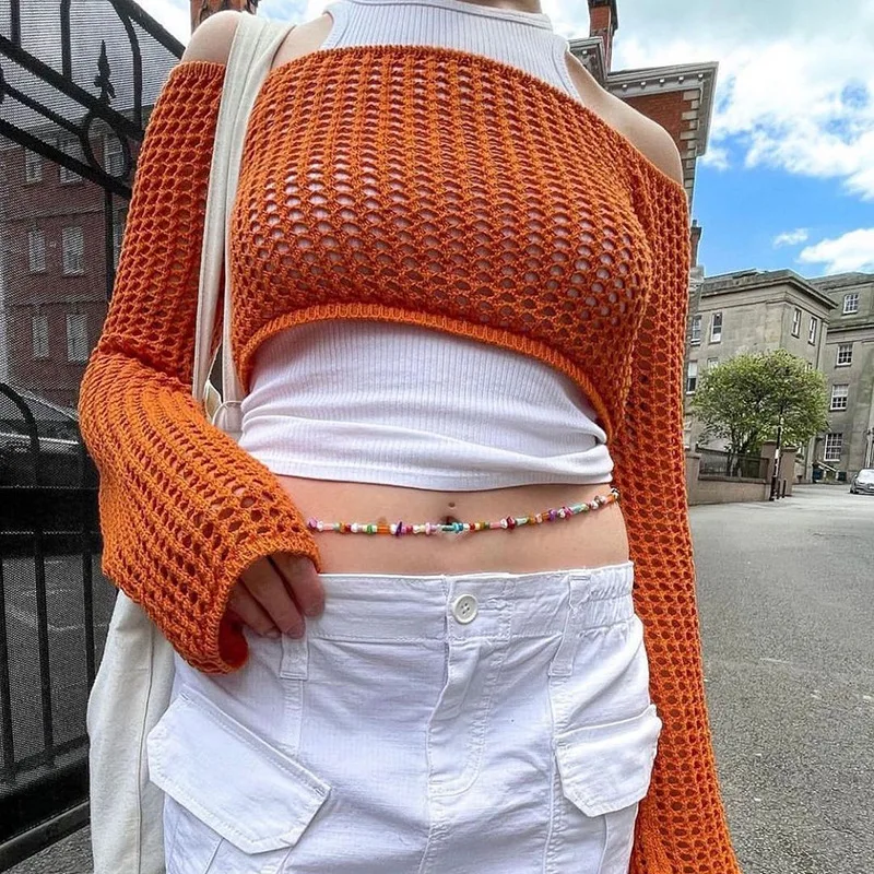 

Y2K Distressed Crochet Pullovers Women 2022 New Vintage Loose Casual Solid Cropped Smock Long Sleeves Fashion Aesthetic Knitwear