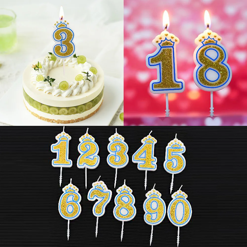 

Birthday Party Number Candles Glitter Gold Blue Crown Candle for Kids Girls Boys Birthday Party Cake Topper Insert Decorations