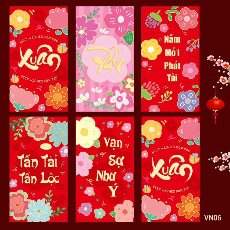6Pcs Creative Vietnamese Red Envelopes 2025 New Year Pocket Money Packing Bag Hongbao Spring Festival Packets Decoration