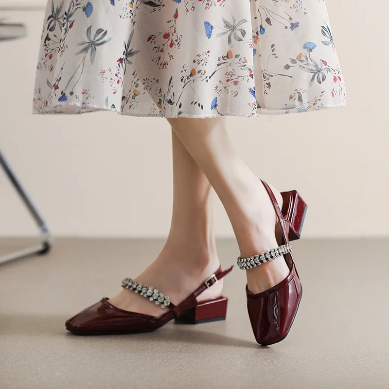 

Mary Jane Women's Sandals Shoes Square Toe Shallow Mouth With Rhinestones Thick Heel Toe Back Empty Sandals Women Heel 3CM
