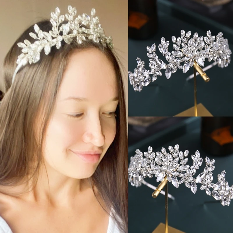 

Wedding Crystal Flower Headband Hairband Tiara For Women Bride Rhinestone Bridal Wedding Hair Accessories Jewelry Band Crown