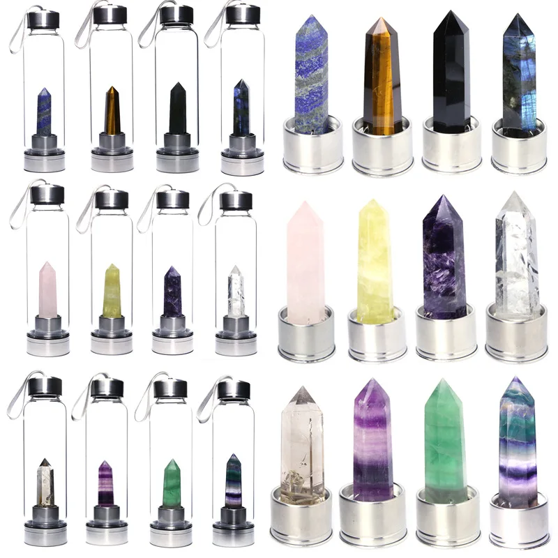

Natural Quartz Gemstone Crystal Hexagonal Pointed Column+Bottom Mesh Water Bottle Energy Crystal Include Bottle