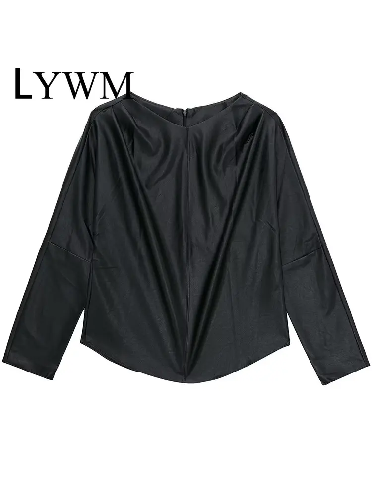 

Женская модная Однотонная рубашка LYWM из ПУ с молнией сзади, топы, винтажные женские шикарные наряды с круглым вырезом и длинным рукавом