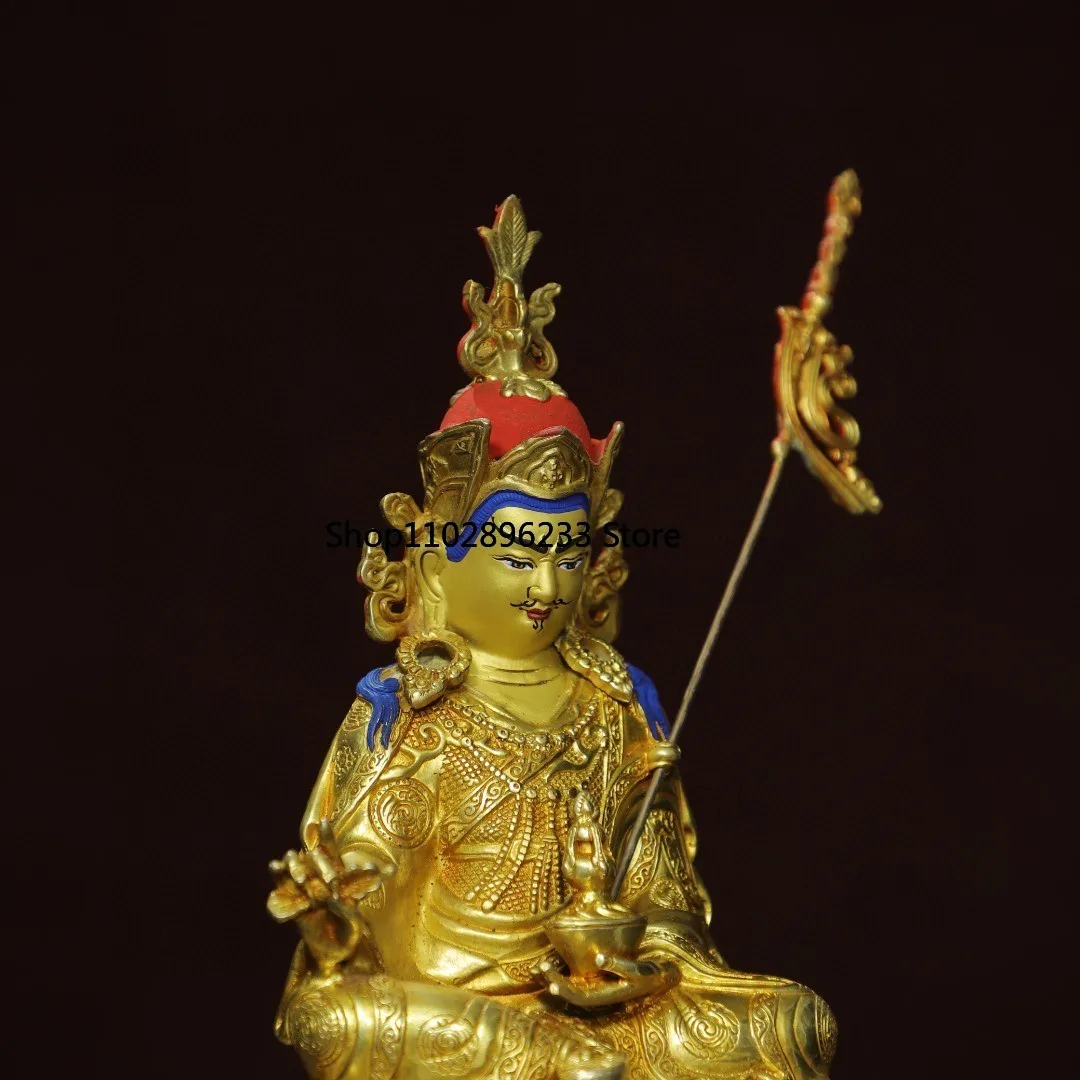 Тибетская латунь окрашенное лицо позолоченный лотос гуру арахиса сидячая статуя