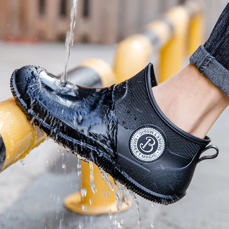 

Мужские резиновые ботинки с низким верхом, Нескользящие сапоги для дождя, средней длины, для мытья автомобиля, кухни, столовой, рыбалки