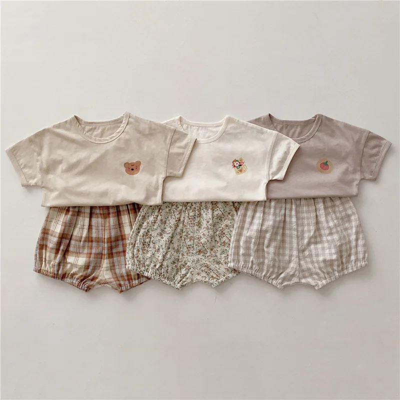 

2022 Baby Summer Clothes Cute Cotton Print Short Sleeve Top +Plaid Shorts Toddler Girls 2-Pieces Set Baby Boy Clothing Set
