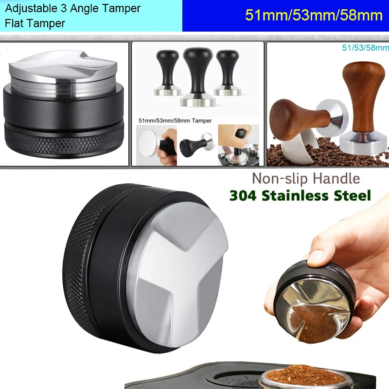 

51mm 53mm 58mm 304 Stainless Steel Adjustable 3 Angle Base Coffee Tamper Barista Espresso Press Flat Powder Hammer Dosing Ring