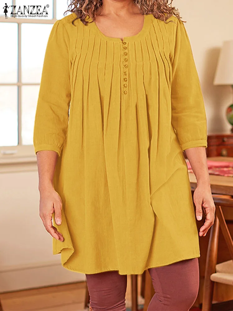 

ZANZEA Oversize Simple Blusas Casual Crew Neck Long Blouses Women Leisure 3/4 Pleated Smock Tops 2023 Summer Holiday Shirts