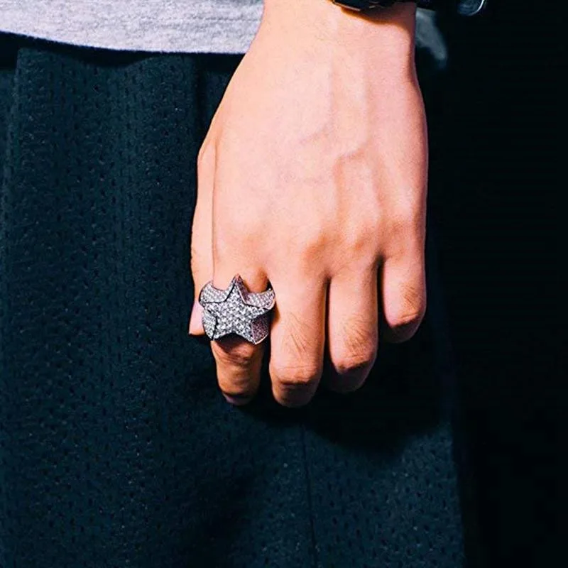 

Five Star Rings Hip Hop Rock Gold Silver Color New Pentagram Rings Rhinestones Zircon Men Luxury