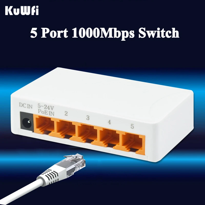 

KuWFi 1000Mbps Ethernet Switch Mini 5 Port Fast RJ45 Gigabit Network Switch LAN Hub RJ45 Hub Shunt Desktop Switcher