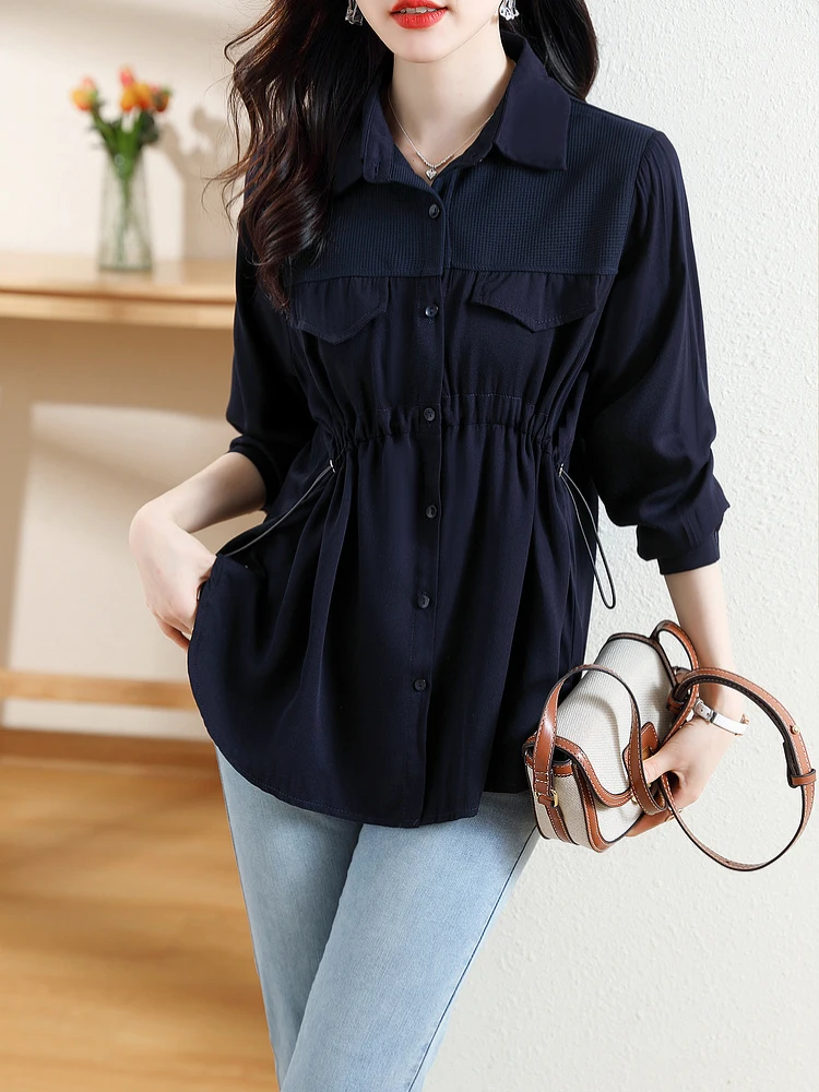 

Женская футболка с длинным рукавом, эластичная свободная футболка с отложным воротником и кулиской, 2023